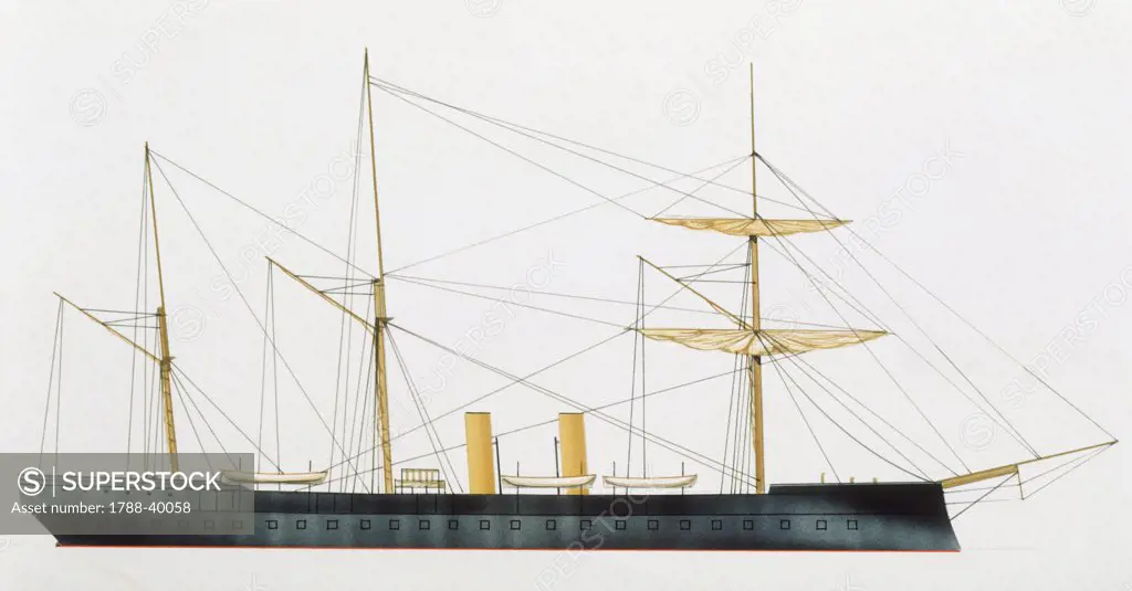 Naval ships - Italy's Regia Marina dispatcher cruiser RN Cristoforo Colombo, 1875. Color illustration