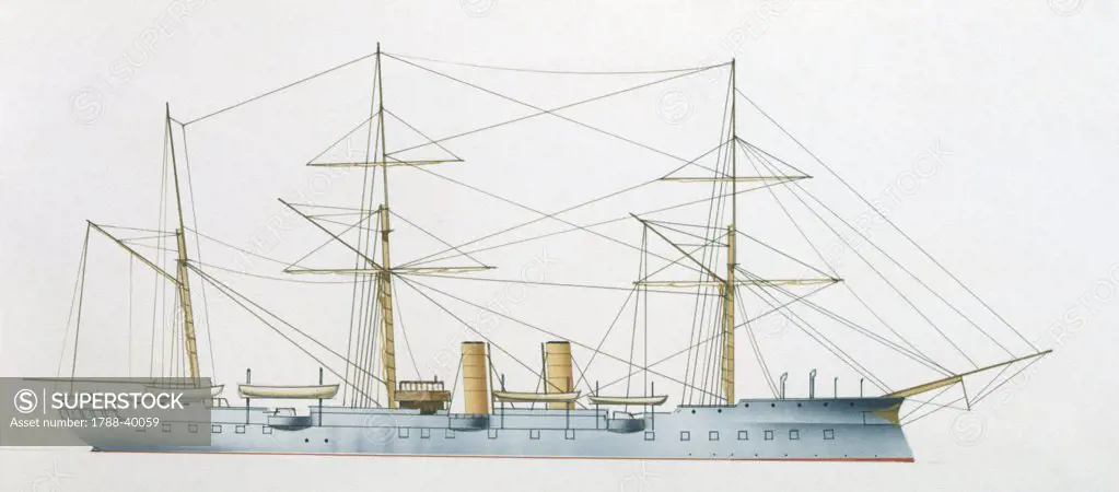 Naval ships - Italy's Regia Marina barbette cruiser RN Cristoforo Colombo, 1892. Color illustration
