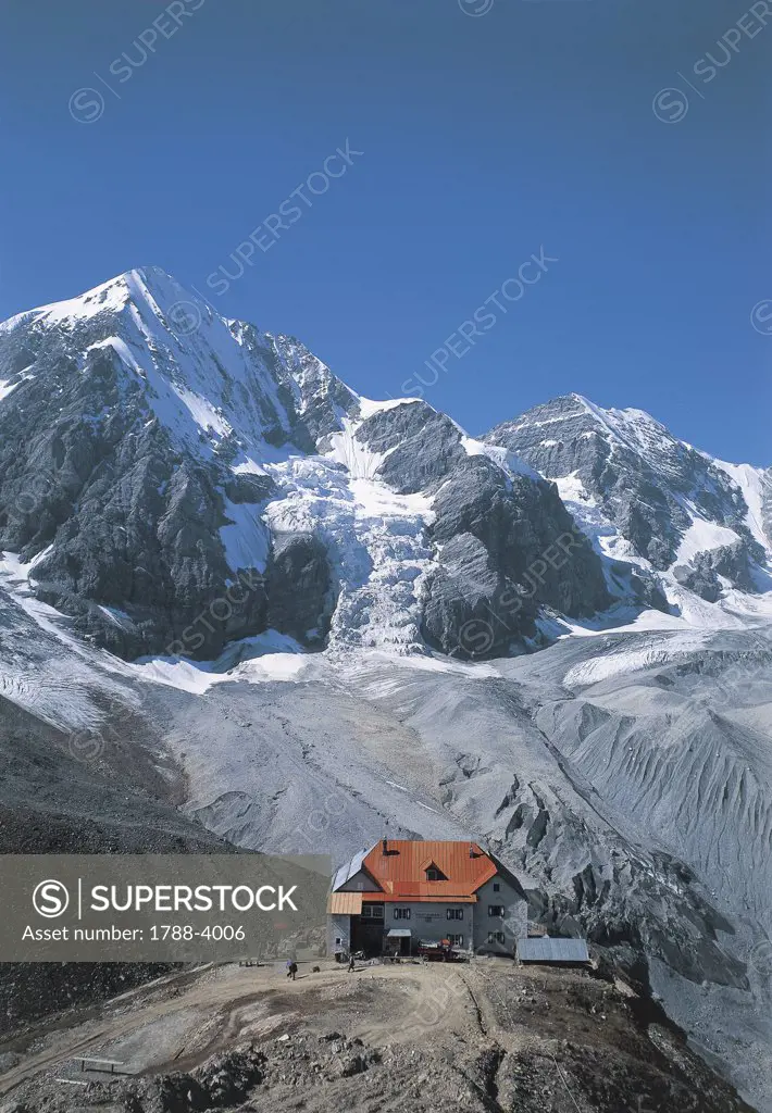 High angle view of a hut on a mountain, Milan, Mt Gran Zebru, Solda Valley, Alto Adige, Italy