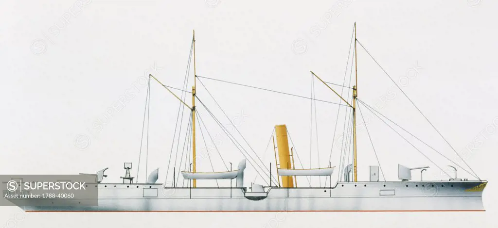 Naval ships - British Royal Navy gunvessel HMS Curlew, 1885. Color illustration