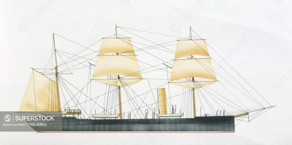 Naval ships - Italy's Regia Marina gunboat RN Curtatone, 1888. Color illustration