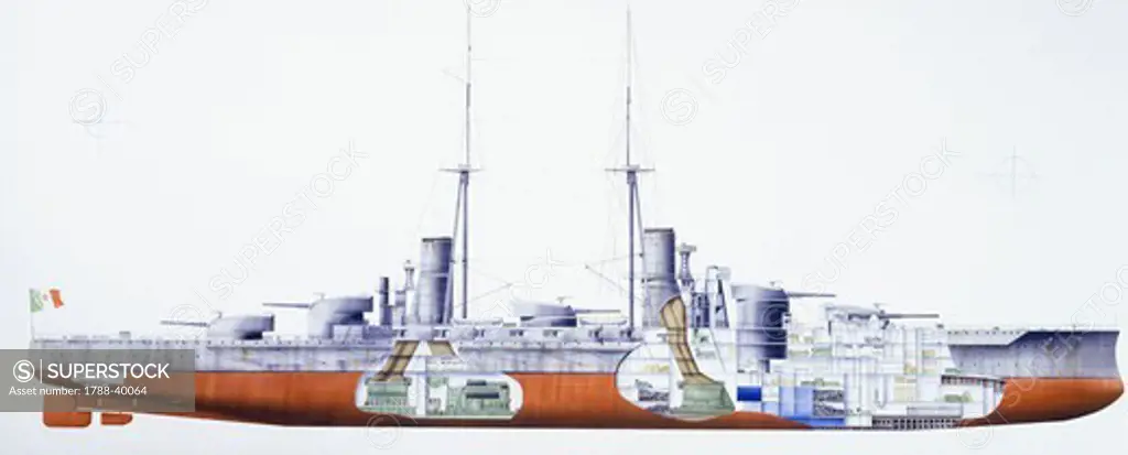 Naval ships - Italy's Regia Marina battleship Leonardo da Vinci, launched 1911. Illustrated cutaway view