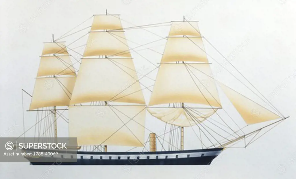 Naval ships - First ever British Royal Navy ironclad frigate HMS Warrior, 1861. Color illustration