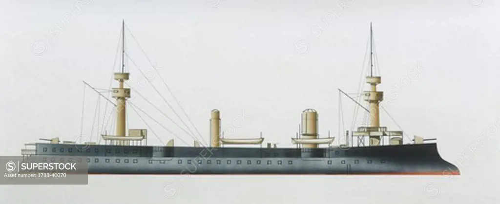 Naval ships - France's Marine Nationale protected cruiser Davout, 1889. Color illustration