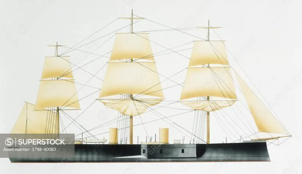 Naval ships - German Imperial Navy armored frigate SMS Deutschland (renamed Jupiter in 1904), launched 1874. Color illustration
