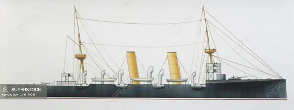 Naval ships - British Royal Navy protected cruiser HMS Dido, 1896. Color illustration