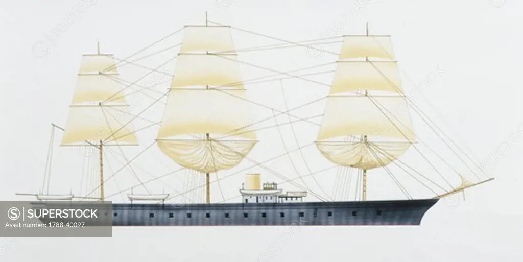 Naval ships - France's Marine Nationale cruiser Dubourdieu, 1884. Color illustration