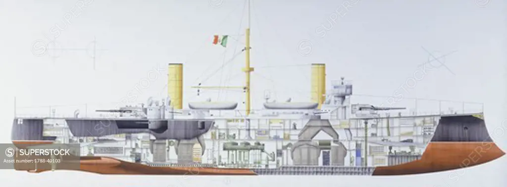 Naval ships - Italy's Regia Marina cruiser RN Giuseppe Garibaldi, 1899. Illustrated cutaway view