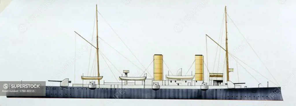 Naval ships - Italy's Regia Marina torpedo ram RN Elba, 1890. Color illustration