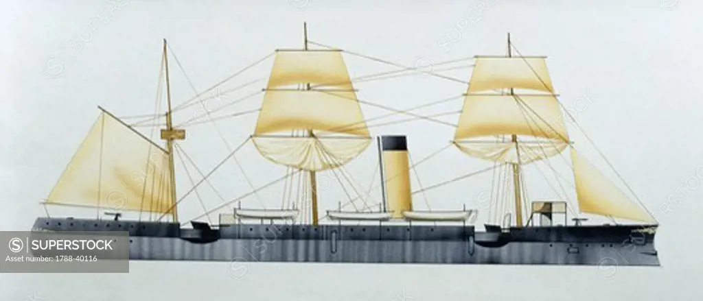 Naval ships - Romania's protected cruiser Elisabeta, 1888. Color illustration