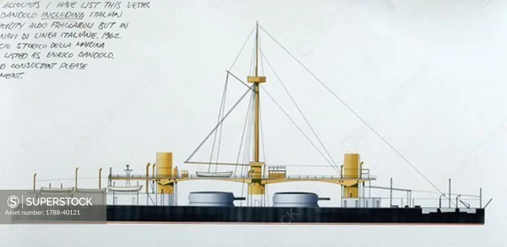 Naval ships - Italy's Regia Marina battleship RN Enrico Dandolo, 1878. Color illustration