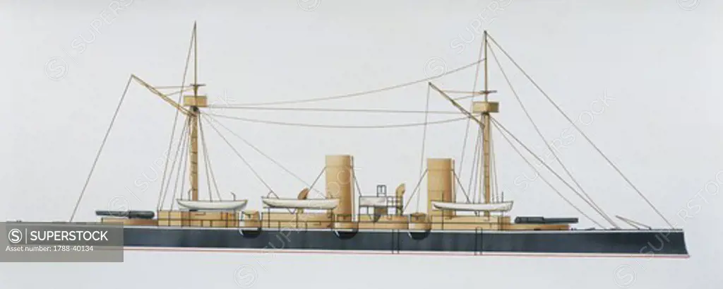 Naval ships - Chilean Navy protected cruiser Esmeralda, 1883. Color illustration