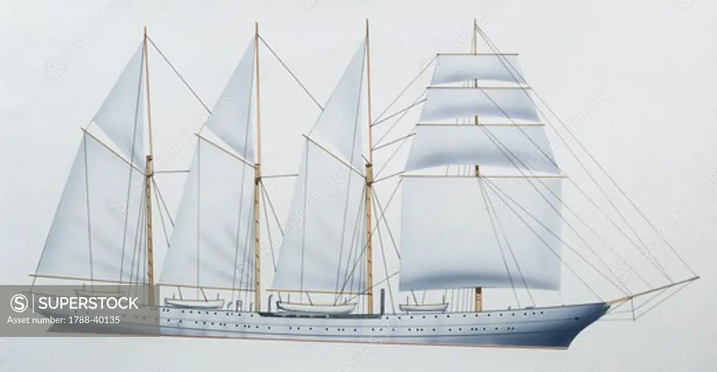 Naval ships - Chilean Navy training sailing ship Esmeralda, 1950. Color illustration