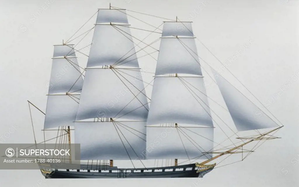 Naval ships - United States Navy sailing frigate USS Essex, 1799. Color illustration