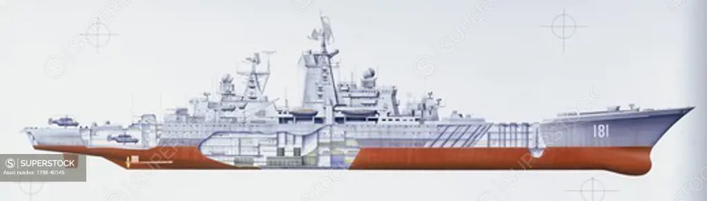 Naval ships - Soviet Navy guided missile cruiser, 1977. Color illustration
