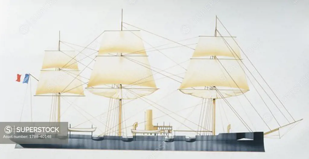 Naval ships - France's Marine Nationale cruiser Fabert, 1874. Color illustration