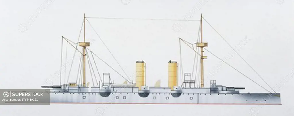 Naval ships - Italy's Regia Marina protected cruiser RN Ettore Fieramosca, launched 1888. Color illustration