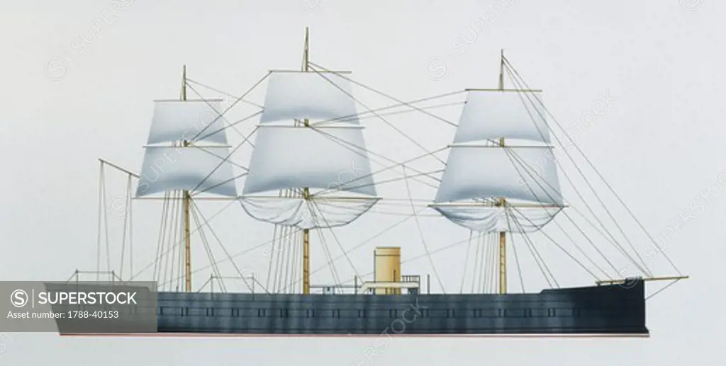 Naval ships - France's Marine Nationale battery ironclad Flandre, 1864. Color illustration
