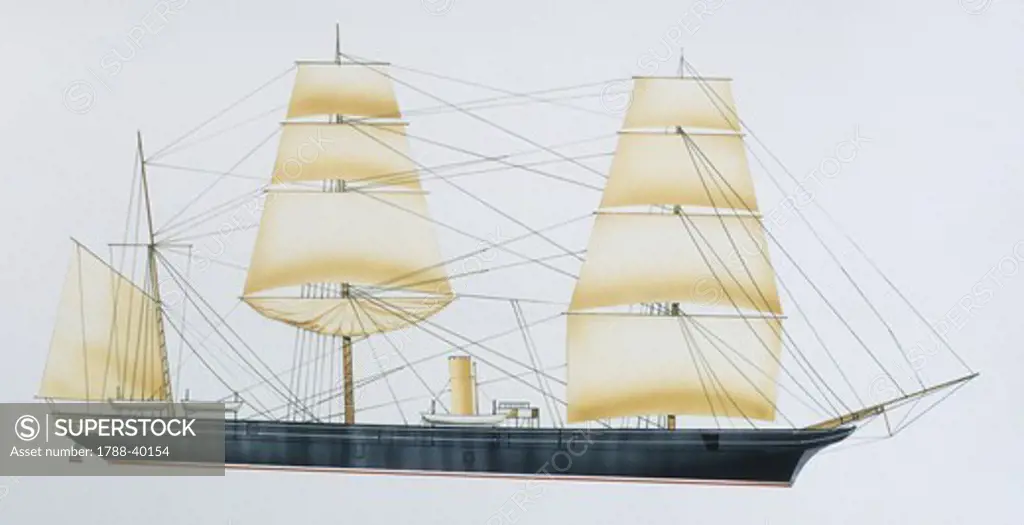 Naval ships - Italy's Regia Marina cruiser RN Flavio Gioia, 1881. Color illustration