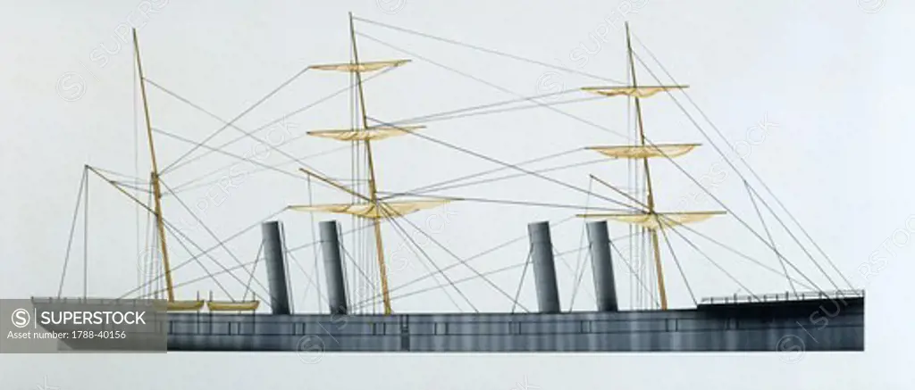 Naval ships - United States Navy screw frigate USS Wampanoag, 1864. Renamed Florida in 1869. Color illustration