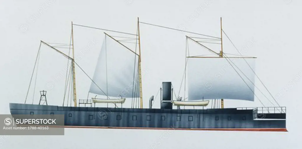 Naval ships - Italy's Regia Marina armored steam corvette RN Formidabile, 1861. Color illustration