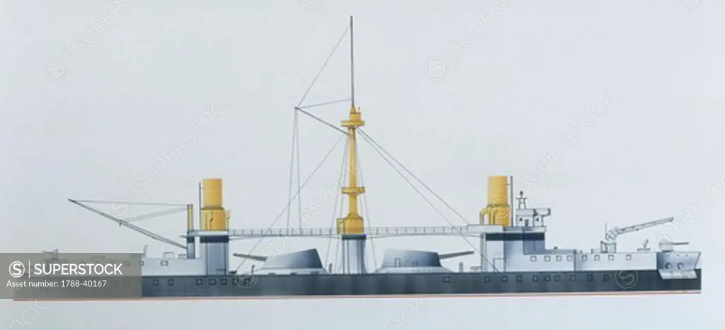 Naval ships - Italy's Regia Marina battleship RN Francesco Morosini, 1885. Color illustration