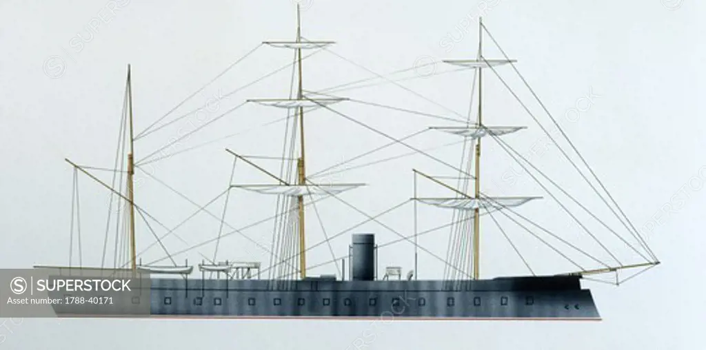 Naval ships - German Imperial Navy central battery ironclad, 1867. Color illustration