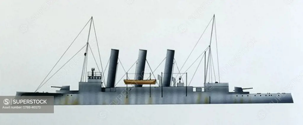 Naval ships - Royal Norwegian Navy protected cruiser KNM Frithjof, 1896. Color illustration