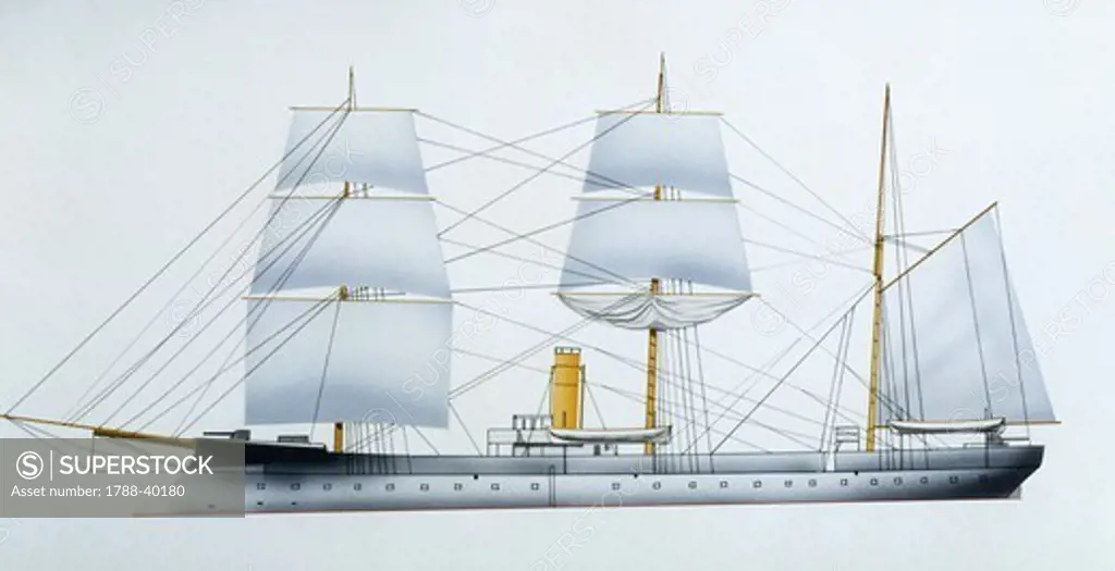 Naval ships - France's Marine Nationale gunboat Fulton, 1887. Color illustration