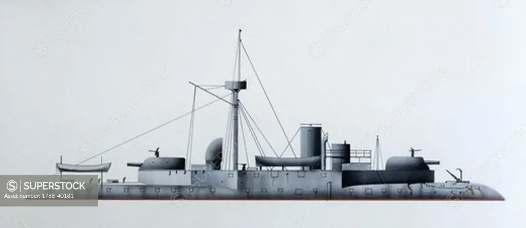 Naval ships - France's Marine Nationale barbette ironclad Furieux, 1883. Color illustration