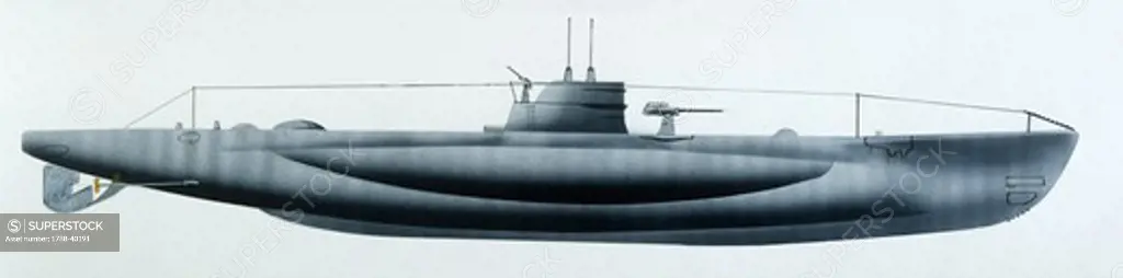 Naval ships - Italy's Regia Marina submarine RN Galatea, 1933. Color illustration