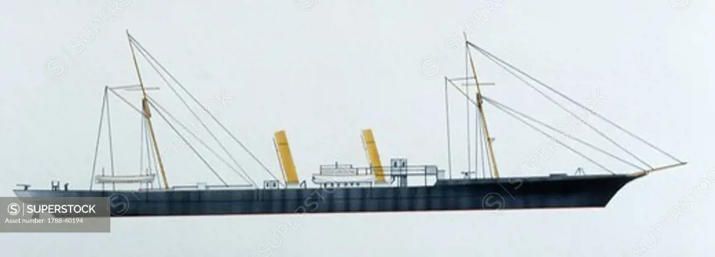 Naval ships - Italy's Regia Marina dispatcher screw craft RN Galileo Galilei, 1887. Color illustration
