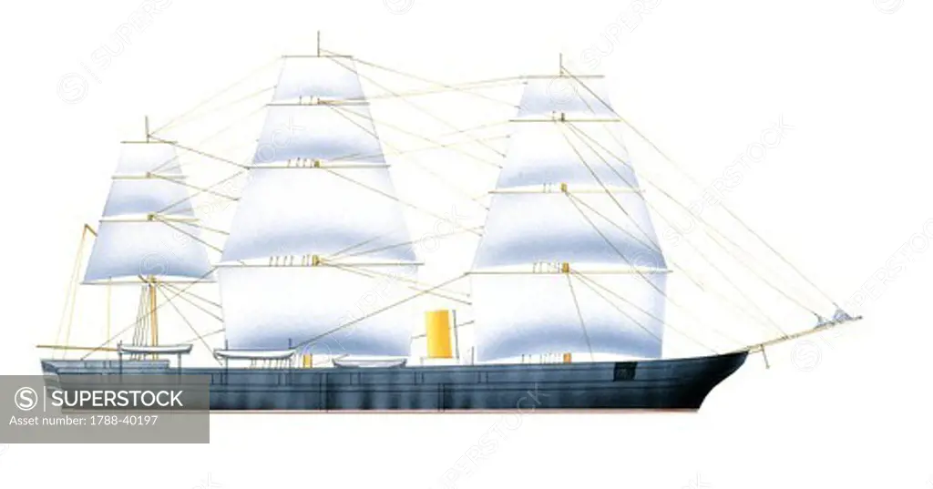 Ships - Great Britain, Royal Navy -  Screw corvette HMS Garnet, 1877. Drawing