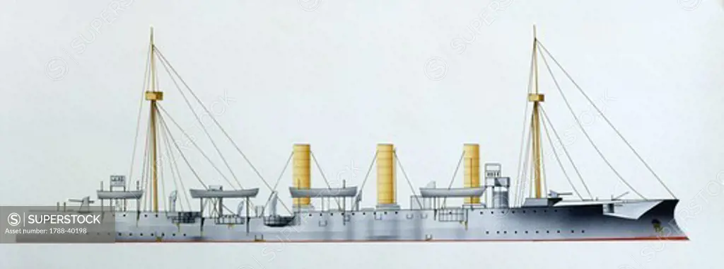 Naval ships - German Imperial Navy light cruiser SMS Gefion, 1893. Color illustration