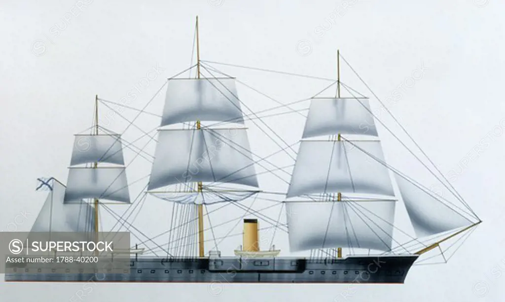 Naval ships - Russian Imperial Navy armored cruiser General, 1873. Color illustration