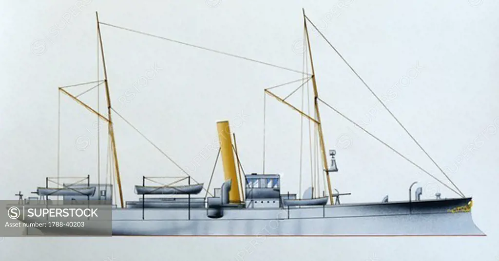 Naval ships - Spanish Navy gunboat General Concha, 1883. Color illustration
