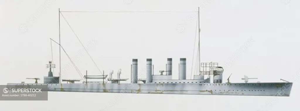 Naval ships - United States Navy destroyer USS Gillis, 1919. Color illustration