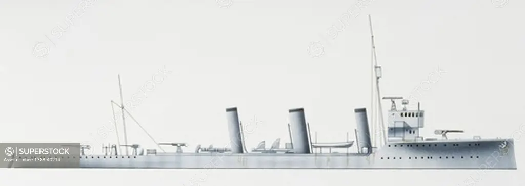 Naval ships - Italy's Regia Marina destroyer RN Giuseppe La Masa, 1917. Color illustration