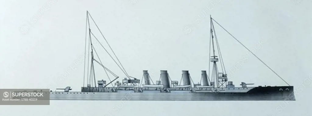 Naval ships - British Royal Navy light cruiser HMS Glasgow, 1909. Color illustration