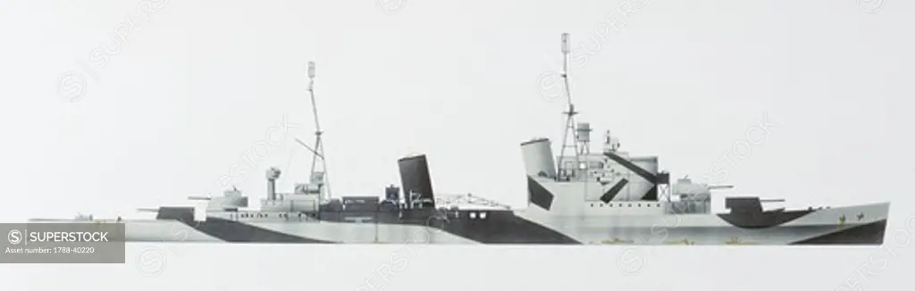 Naval ships - British Royal Navy light cruiser HMS Glasgow, 1936. Color illustration