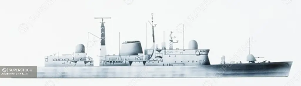 Naval ships - British Royal Navy destroyer HMS Glasgow, 1976. Color illustration