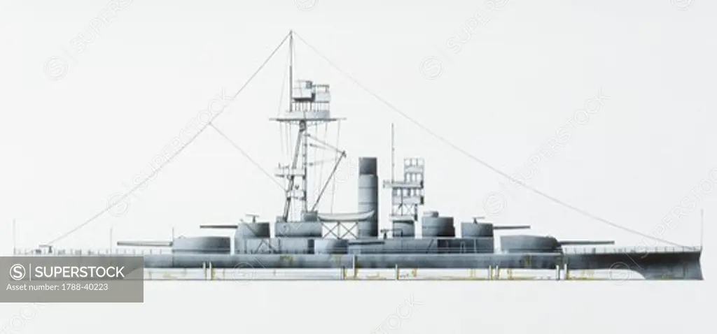 Naval ships - British Royal Navy monitor HMS Glatton, 1914. Color illustration