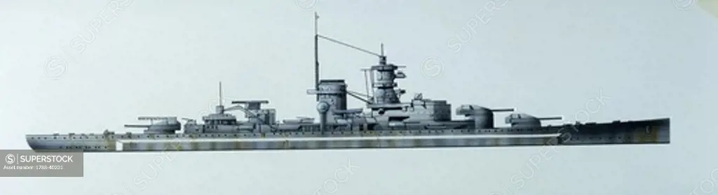 Naval ships - German Kriegsmarine battle cruiser SMS Gneisenau, 1936. Color illustration
