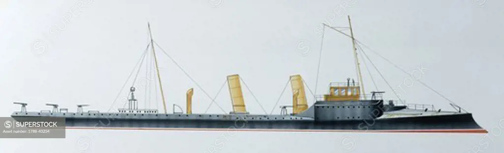 Naval ships - Italy's Regia Marina torpedo cruiser RN Goito, 1887. Color illustration
