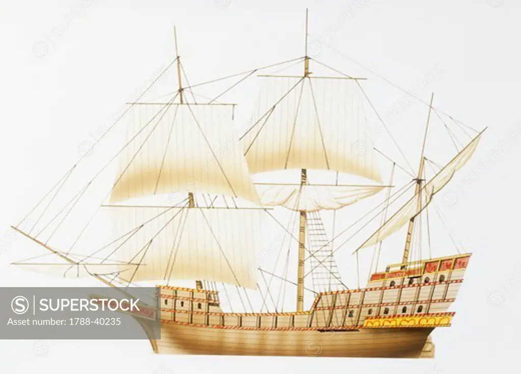 Marine transportation - English galleon Sir Francis Drake's Golden Hind (Hinde), 17th century. Color illustration