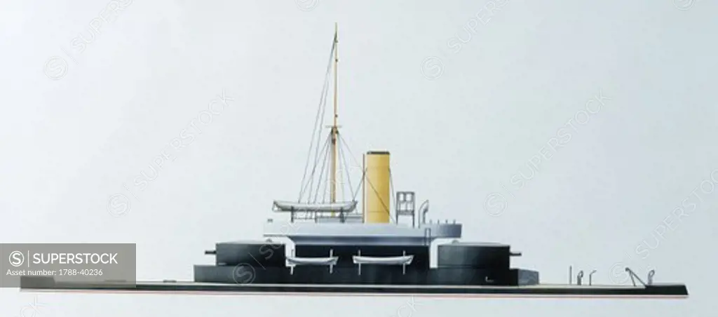 Naval ships - British Royal Navy coast defense monitor HMS Gorgon, 1871. Color illustration