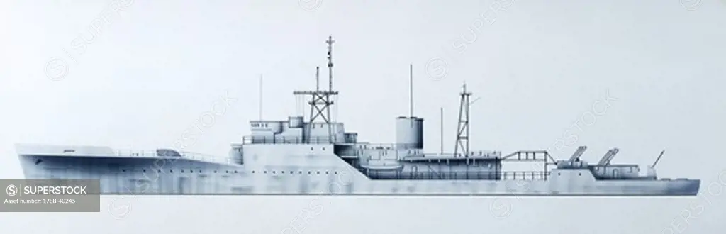 Naval ships - British Royal Navy Blackwood class frigate HMS Grafton, 1954. Color illustration