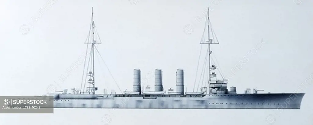 Naval ships - German Imperial Navy light cruiser SMS Graudenz, 1913. Color illustration