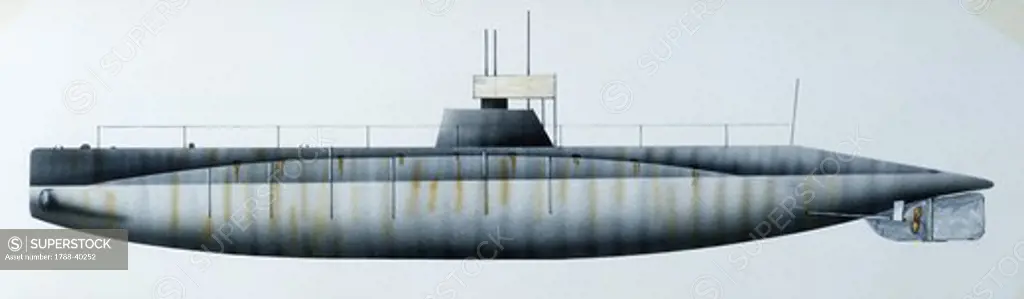 Naval ships - United States Navy submarine USS Grayling, 1909. Color illustration
