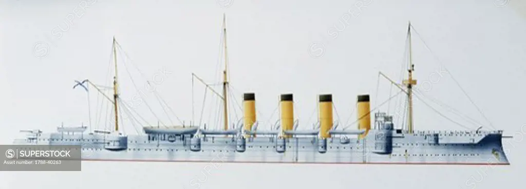 Naval ships - Russian Imperial Navy armored cruiser Gromoboy, 1899. Color illustration